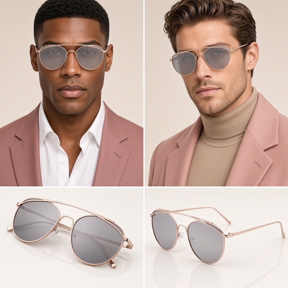 Men Sunglasses Mens Rose Gold Mirrored Silver Lens UV400 Metal Frame Lentes